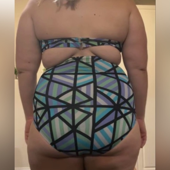 Swimsuit - Geometric Blue Halter Top High Wasted Bottom - Picture 2 of 3